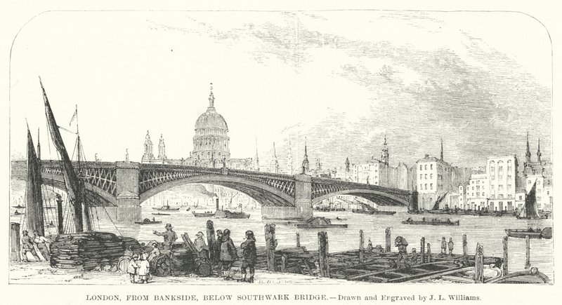 London, fra Bankside, under Southwark Bridge (gravering) af J.L. (after) Williams