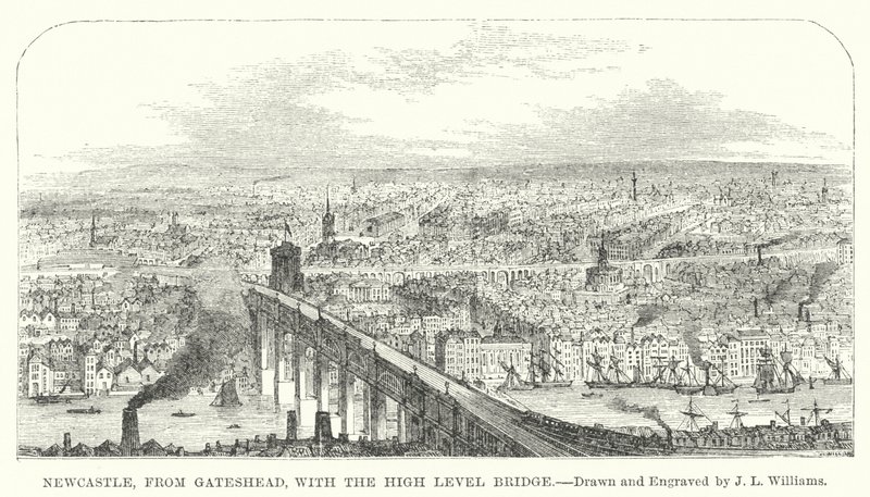 Newcastle, fra Gateshead, med High Level Bridge (gravering) af J.L. (after) Williams