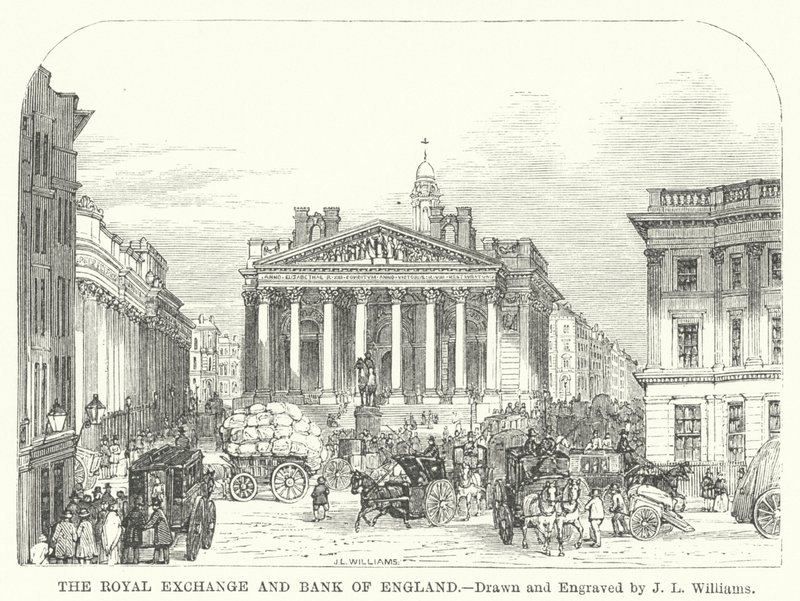 Royal Exchange og Bank of England (gravering) af J.L. (after) Williams