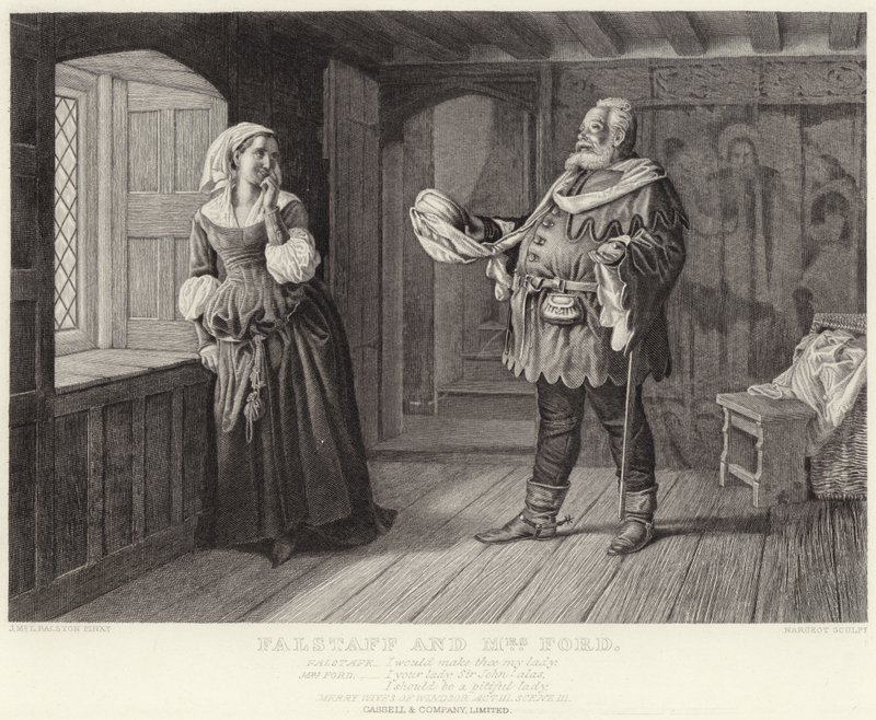 Falstaff og fru Ford, Merry Wives of Windsor, Act III, Scene III af J.M.L. Ralston