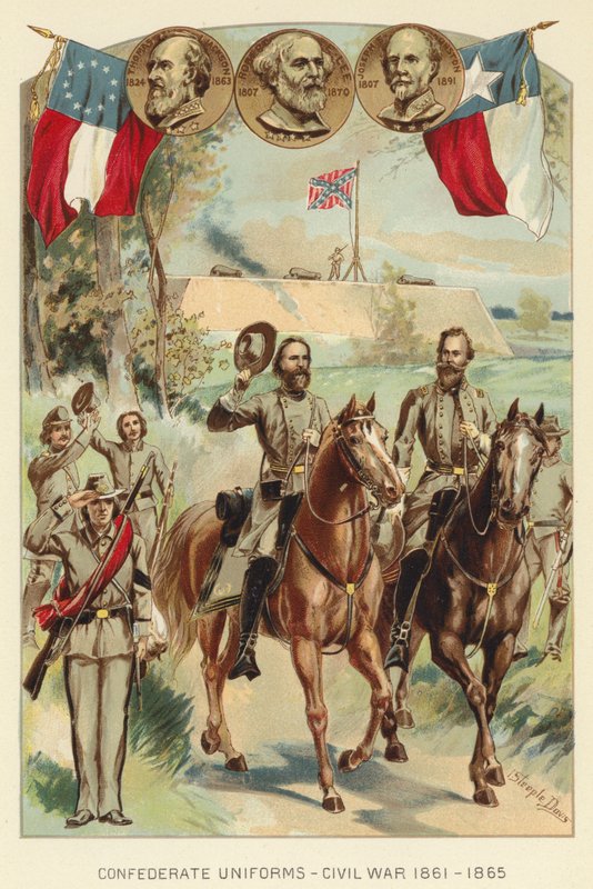 Konfødererede uniformer, borgerkrig 1861-1865 (farve litho) af J. (after) Steeple Davis