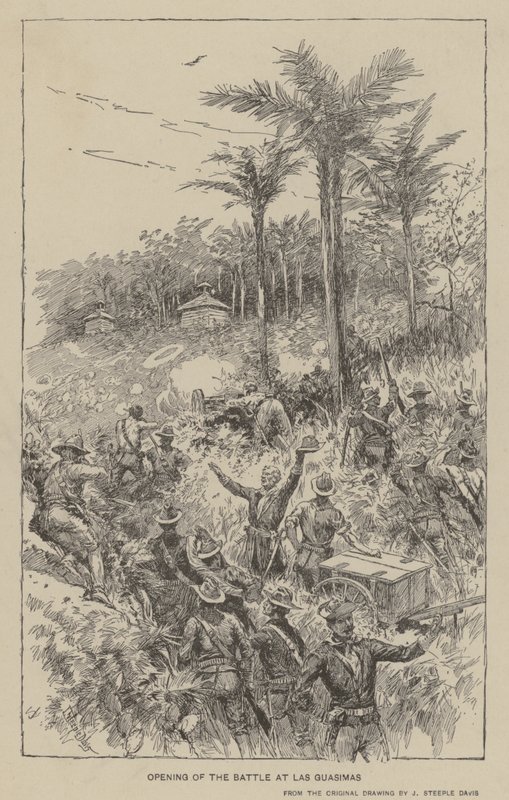 Åbning af slaget ved Las Guasimas (litho) af J. (after) Steeple Davis