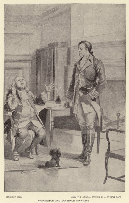 Washington og guvernør Dinwiddie (litho) af J. (after) Steeple Davis