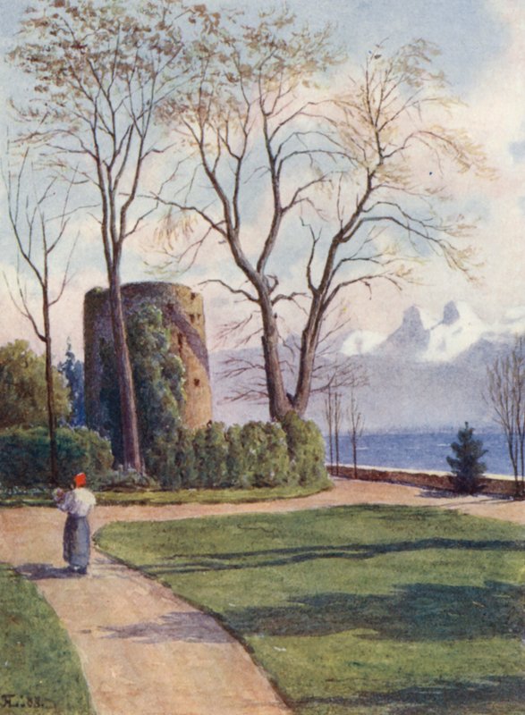 Haldimand Tower, Quchy, Lausanne (farvelitografi) af J. Hardwicke Lewis