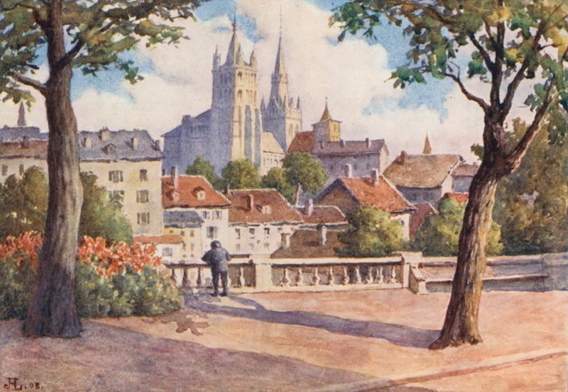Lausanne-katedralen fra Montbenon (farvelitografi) af J. Hardwicke Lewis