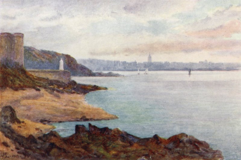 Mole des Noires og Dinard, fra St Malo Beach (farve litho) af J. Hardwicke Lewis