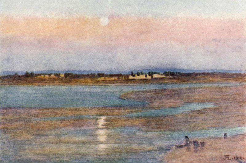 Måneopgang ved solnedgang, fra La Croix Blanche, Mont St Michel (farve litho) af J. Hardwicke Lewis