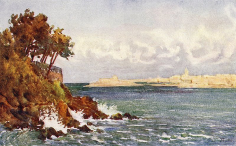 St Malo fra Priory Beach, Dinard (farve litho) af J. Hardwicke Lewis