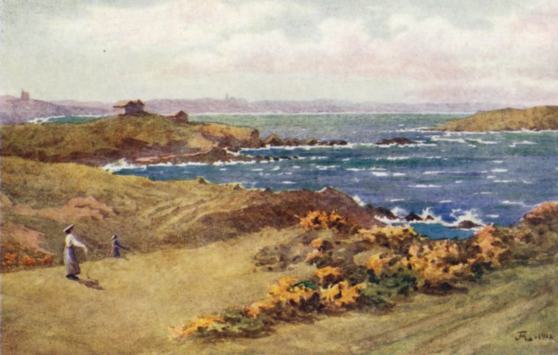 Golfforbindelserne mellem St. Lunaire og St. Briac, St Cast in the Distance (farve litho) af J. Hardwicke Lewis