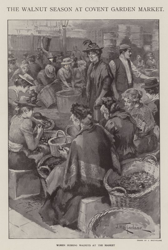 Valnøddesæsonen på Covent Garden Market, London (litho) af J. Macfarlane