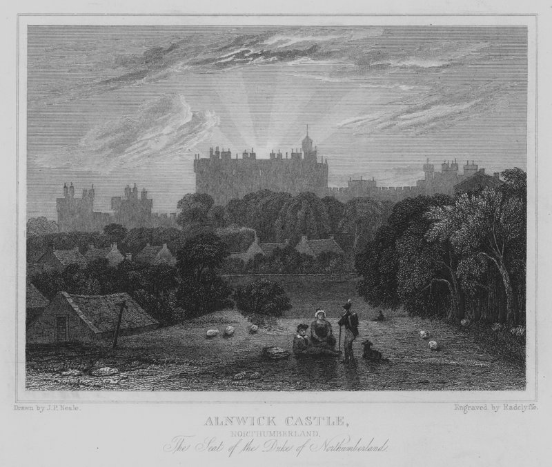 Alnwick Castle, Northumberland, sædet for hertugen af Northumberland (gravering) af John Preston Neale