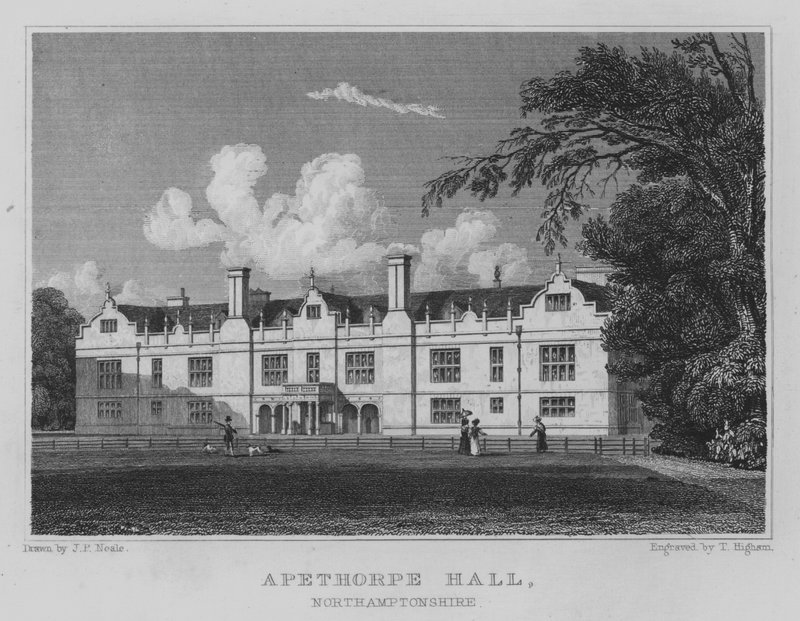 Apethorpe Hall, Northamptonshire (gravering) af John Preston Neale
