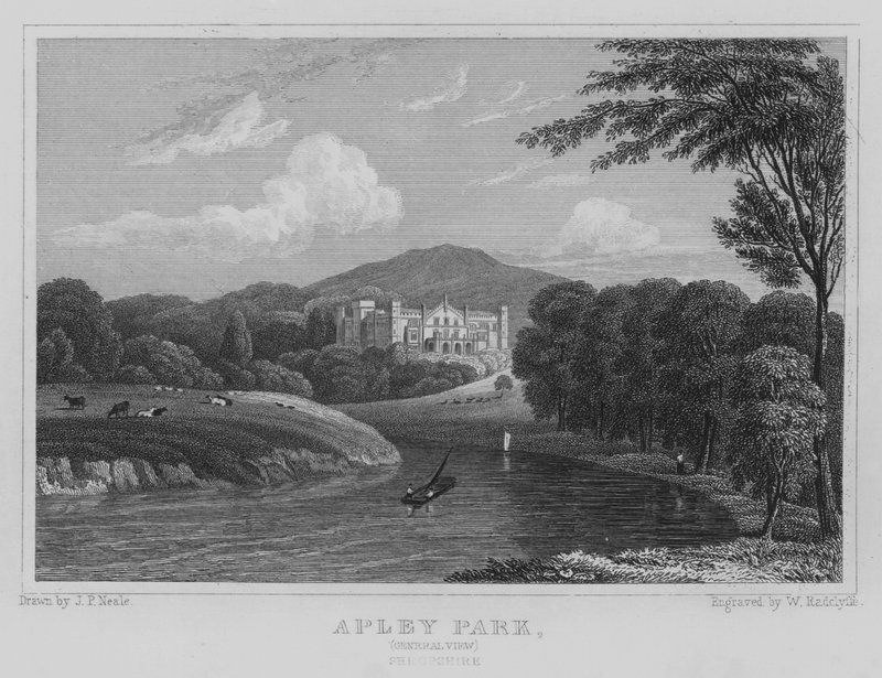 Apley Park, generel udsigt, Shropshire (gravering) af John Preston Neale