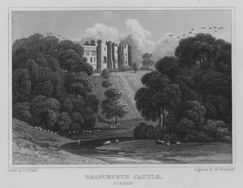 Brancepeth Castle, Durham (gravering) af John Preston Neale