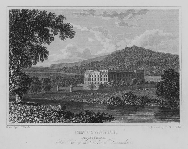 Chatsworth, Derbyshire, sædet for hertugen af Devonshire (gravering) af John Preston Neale