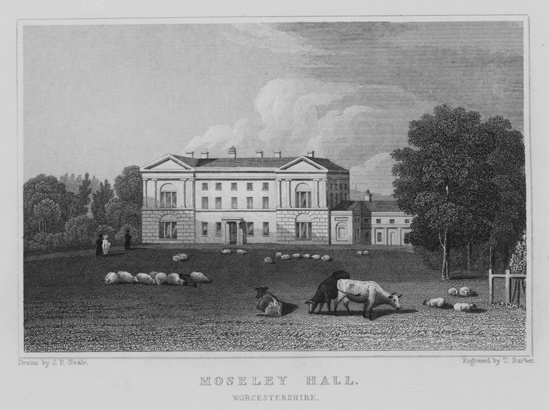 Moseley Hall, Worcestershire (gravering) af John Preston Neale
