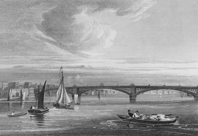 New Iron Bridge, over Themsen fra Queen Street (gravering) af John Preston Neale