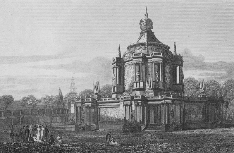 Temple of Concord, i Green Park, Middlesex, som det så ud 1. august 1814 (gravering) af John Preston Neale