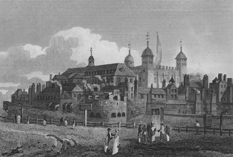 Tower of London, fra bakken (gravering) af John Preston Neale