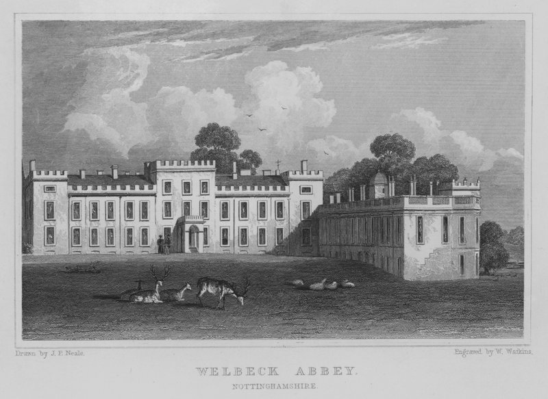 Welbeck Abbey, Nottinghamshire (gravering) af John Preston Neale