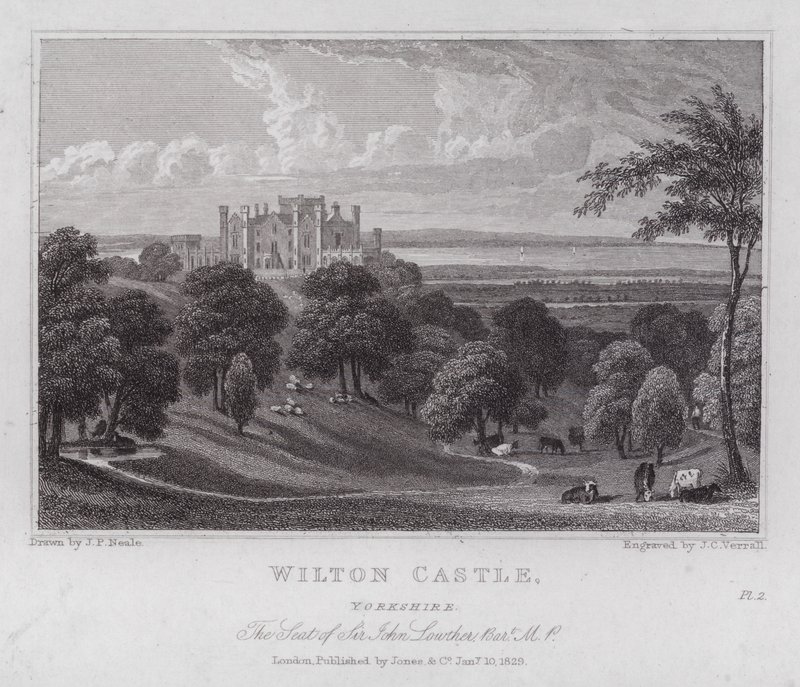 Wilton Castle, Yorkshire, sæde for Sir John Lowther (gravering) af John Preston Neale