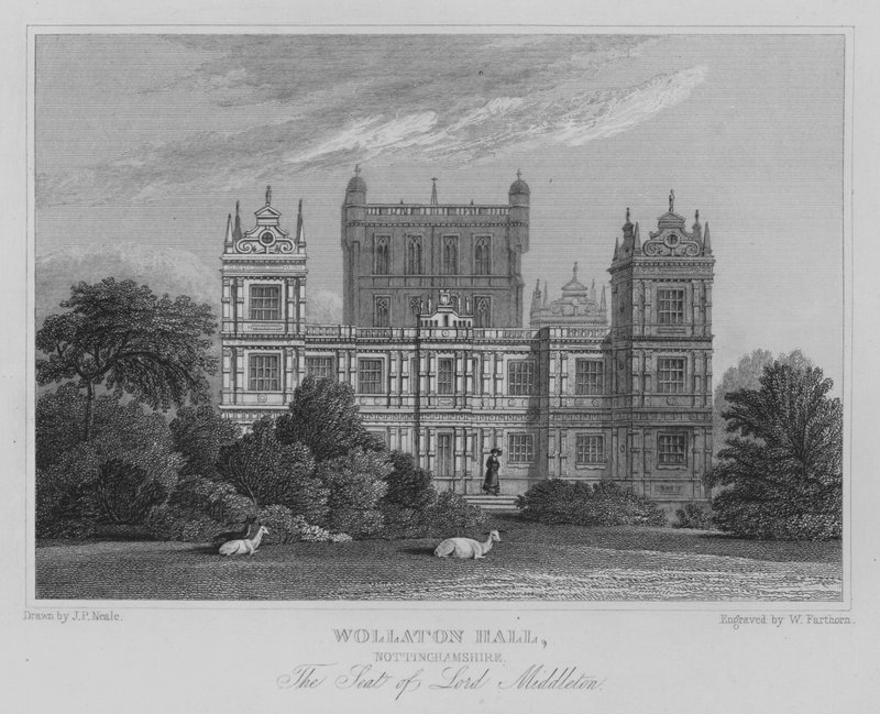 Wollaton Hall, Nottinghamshire, Lord Middletons sæde (gravering) af John Preston Neale