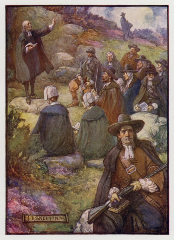 Bevæbnede vagtposter holder vagt under et møde mellem Scottish Covenanters, 17. århundrede af J. R. Skelton