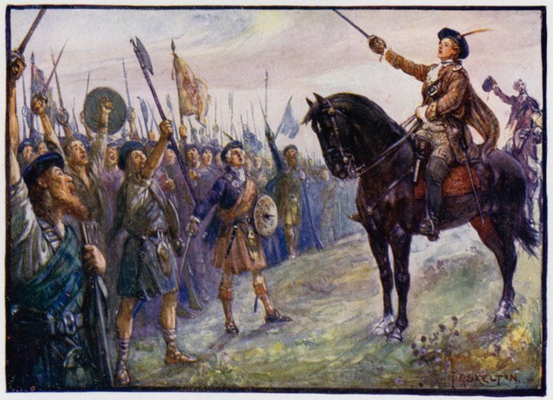 Den 25-årige Bonnie Prince Charlie taler til sine tropper, Jacobite Rising of 1745 af J. R. Skelton