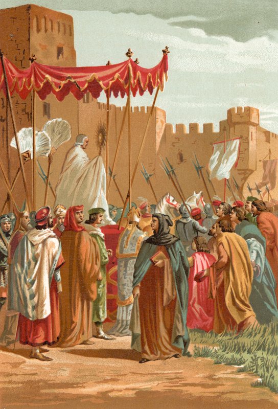 Møde mellem Petrarca og Guy de Chauliac uden for pavens slot i Avignon af J. Serra