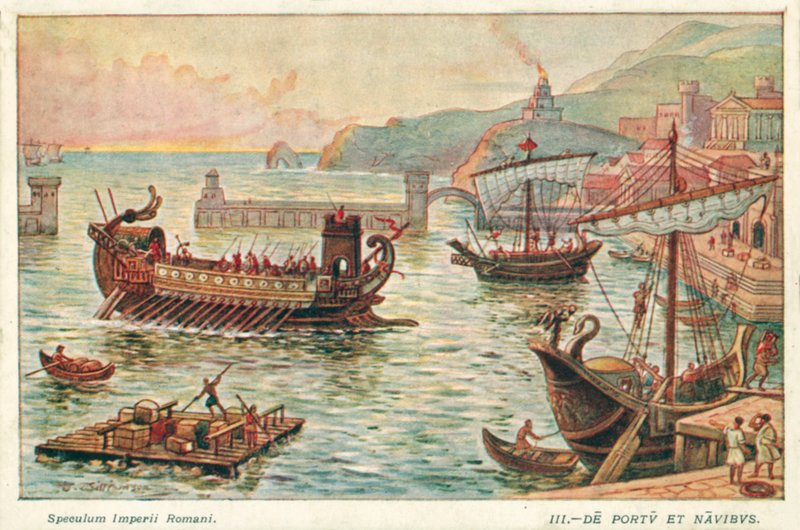 Gammel romersk havn og skibe (farve litho) af J. Williamson