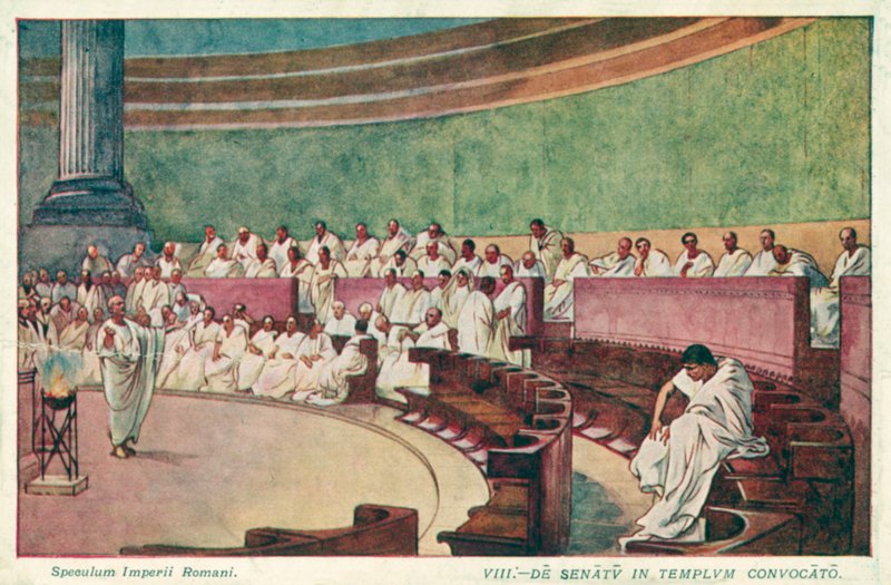 Cicero angriber Catilina i senatet i det antikke Rom (farve litho) af J. Williamson