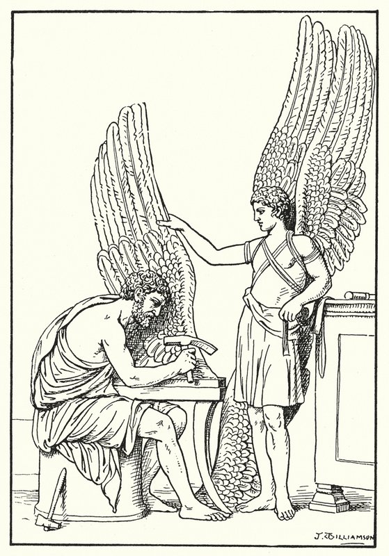 Daidalos og Ikaros, fra et basrelief, Rom (litho) af J. Williamson