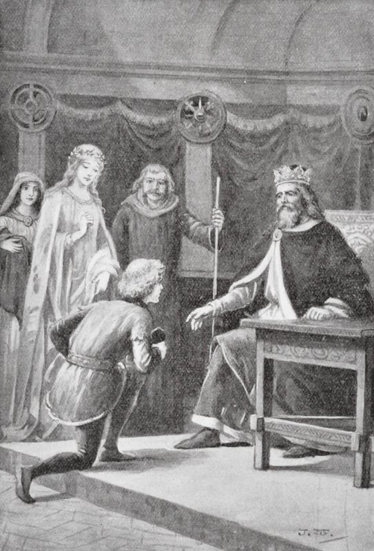 Gareth kom for at bede om sin anden tjeneste, at han skulle blive en af kongens riddere og få lov til at hjælpe damen (litografi). af J. Williamson