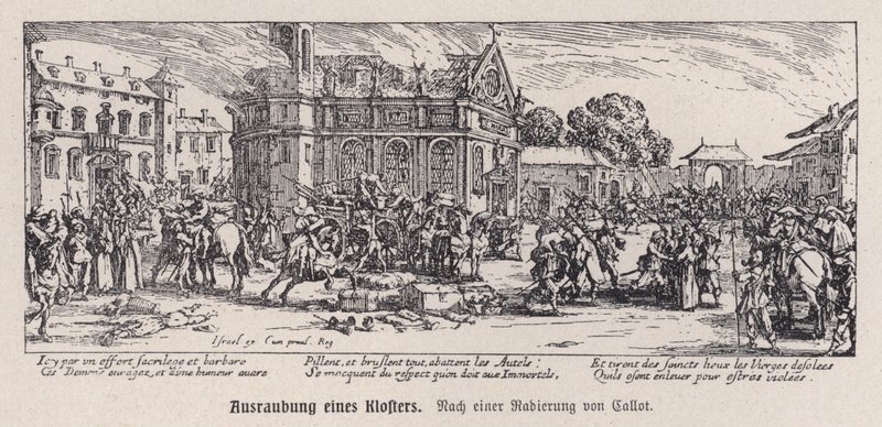 Ødelæggelse af et kloster under Trediveårskrigen af Jacques (after) Callot