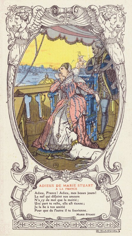 Mary, dronning af Skotland, tager afsked med Frankrig og vender tilbage til Skotland efter sin mand, kong Frans II af Frankrigs død af Jacques Emile (after) Blanche