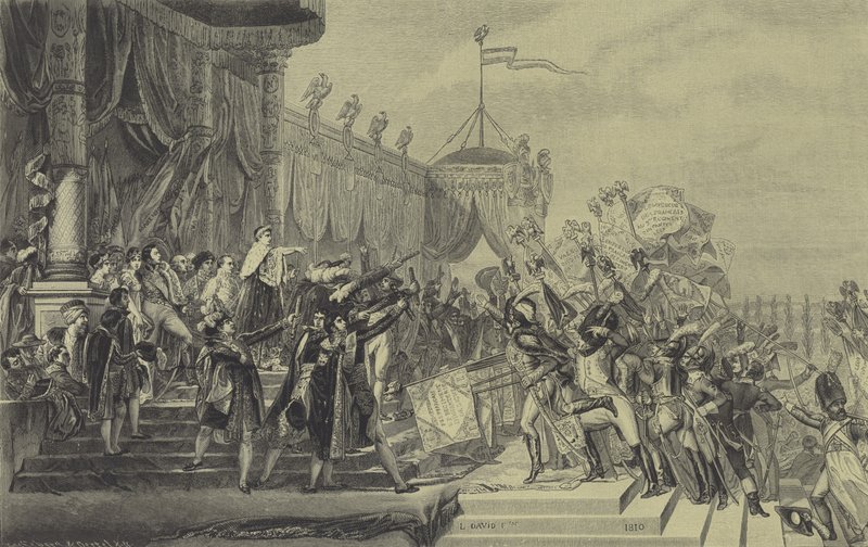Napoleon distribuerer ørnestandarder til den franske hær, 5. december 1804 (gravering) af Jacques Louis (after) David