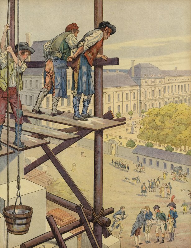 Bygningsarbejdere kigger ned fra stilladset på Place des Pyramides af Jacques Marie Gaston Onfray de Breville (Job)