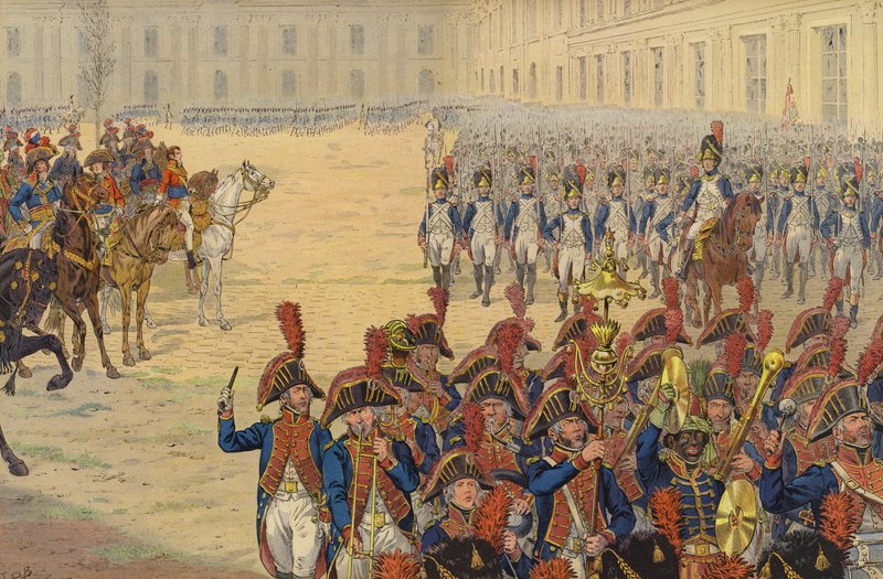 Første gennemgang af den konsulære vagt på paradepladsen ved Tuileries-paladset af Jacques Marie Gaston Onfray de Breville (Job)