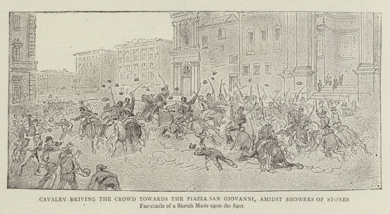 Kavaleriet driver folkemængden mod Piazza San Giovanni, midt i stenkast af James A. Shearman