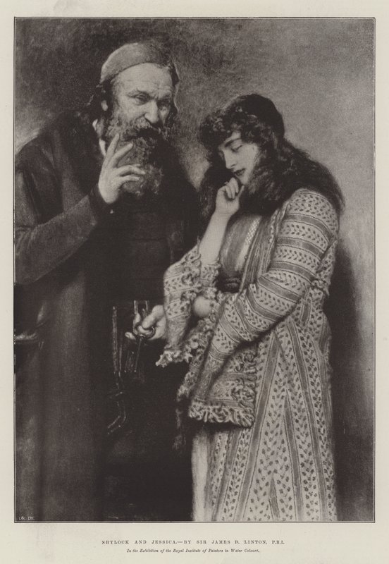 Shylock og Jessica, i udstillingen af Royal Institute of Painters in Water Colors af James Dromgole Linton