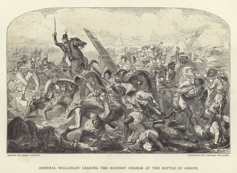 General Wellesley leder bajonetangrebet i slaget ved Assaye af James Godwin