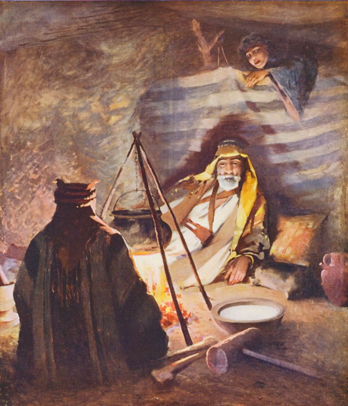 Det Hellige Land: "Et hus af hår", interiør i Bedaween-teltet (farvelitografi) af James (after) Clark