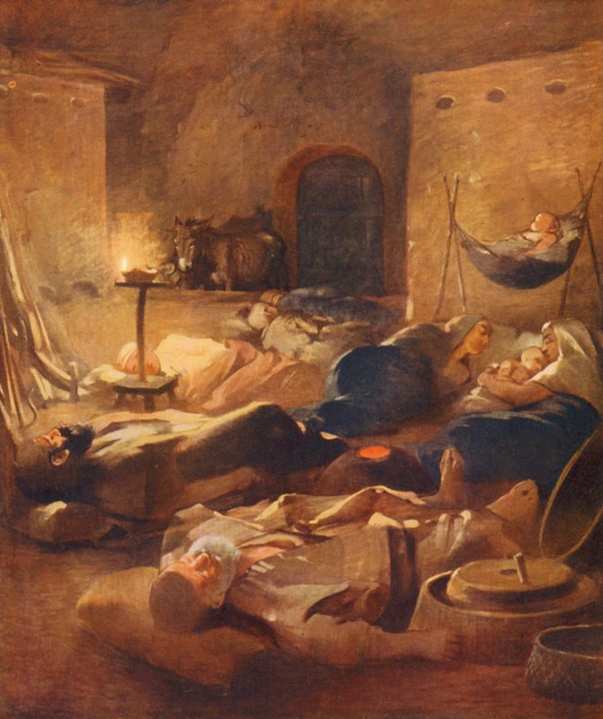 Det Hellige Land: Interiør af et Fellahheen-hus om natten (farvelitografi) af James (after) Clark