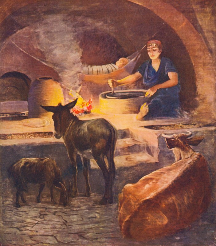 Det Hellige Land: Interiør af et Fellahheen-hus, tidlig morgen om vinteren (farvelitografi) af James (after) Clark