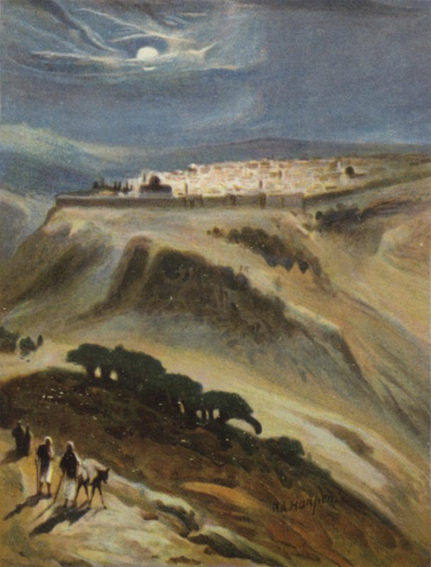 Jerusalem (måneskin) fra Scopusbjerget (farvelitografi) af James (after) Clark