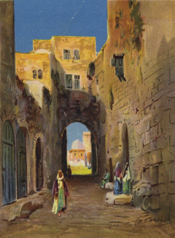 Gade, der fører til tempelområdet (farve litho) af James (after) Clark