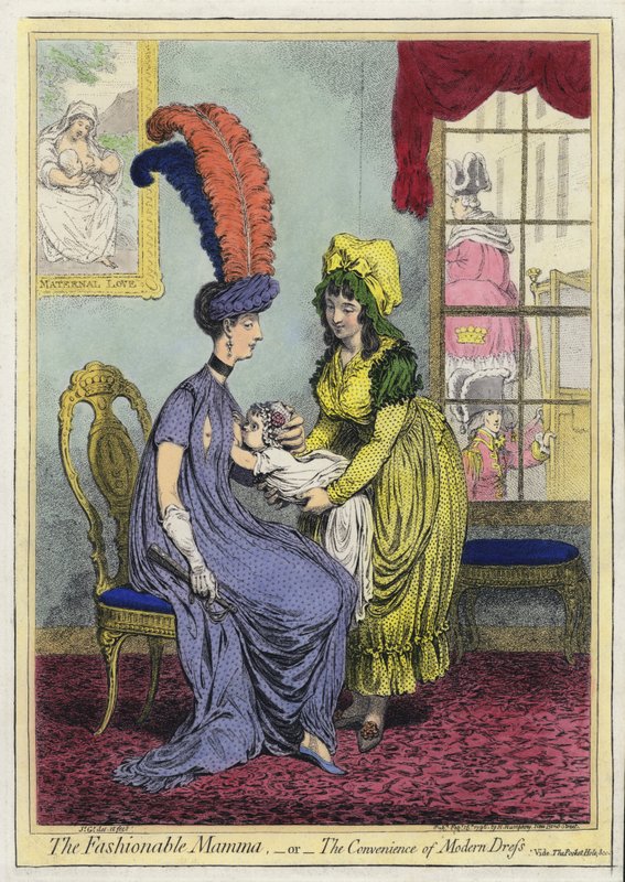 Amning, The Fashional Mamma eller The Convenience of Modern Dress (farvet indgravering) af James (after) Gillray