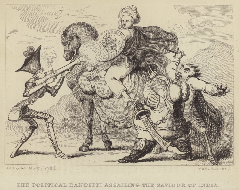 The Political Banditti Assailing the Savior of India: Warren Hastings, tidligere guvernør i Bengal, under angreb fra politikerne Edmund Burke, Charles James Fox og Lord North af James (after) Gillray