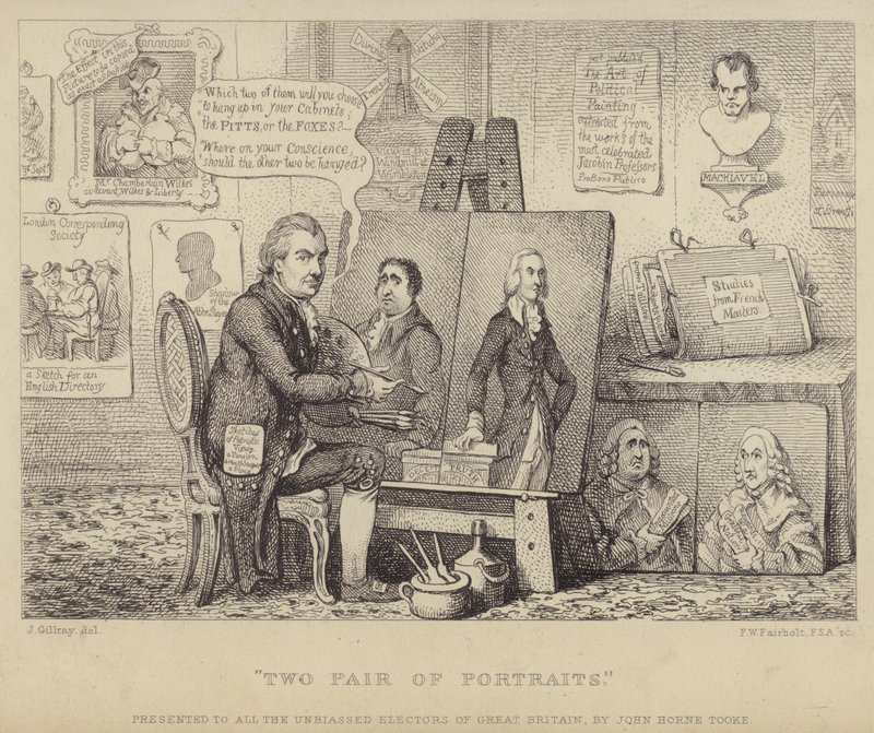 Two Pair of Portraits: anti-Whig tegneserie, der skildrer John Henry Tooke med portrætter af Charles James Fox, der personificerer last og William Pitt den Yngre, der repræsenterer dyd af James (after) Gillray