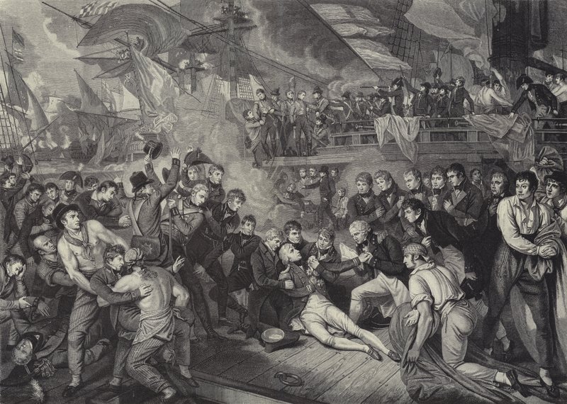Admiral Lord Nelsons død i slaget ved Trafalgar af James (after) Heath